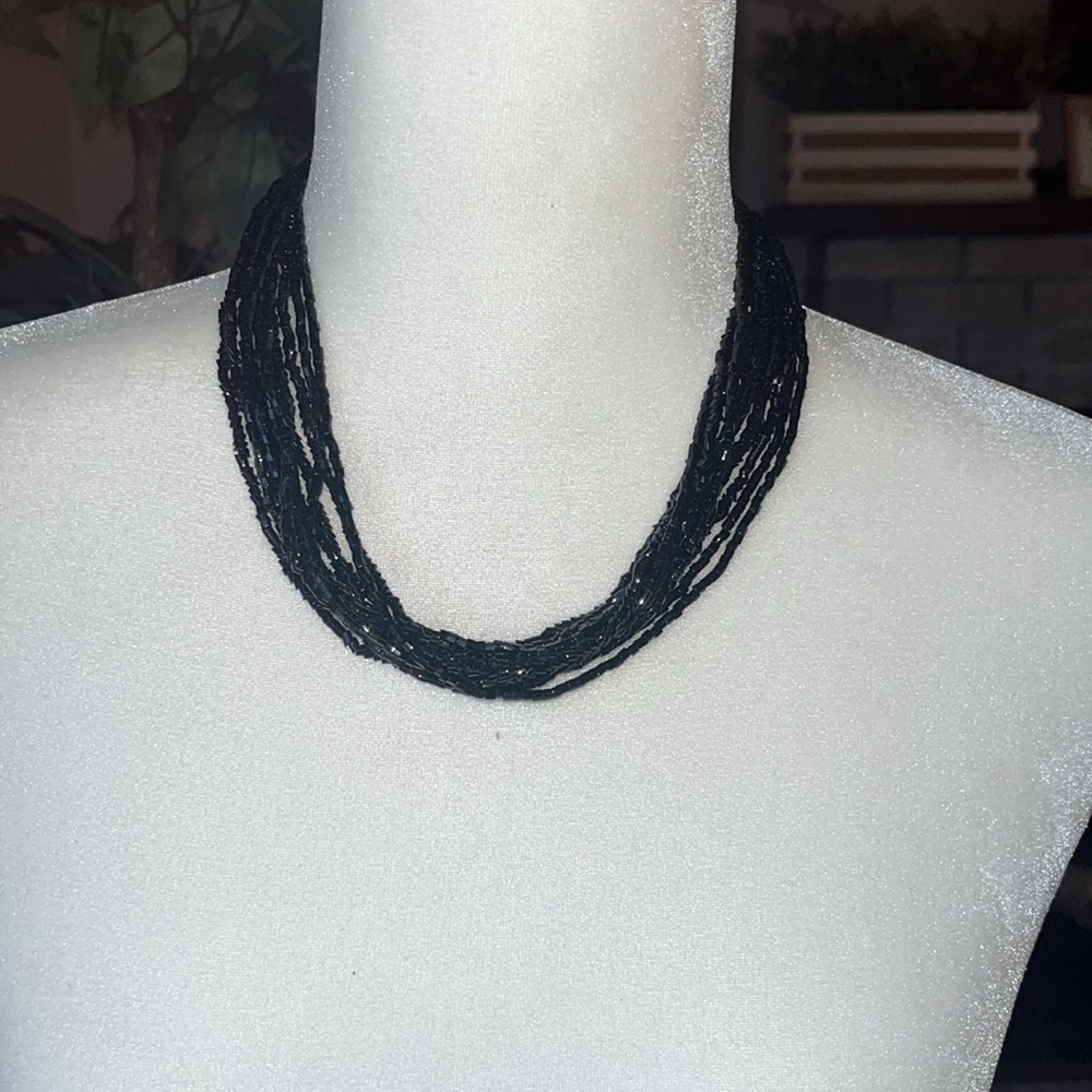 Vintage black seed bead choker necklace with goldtone decorative clasp